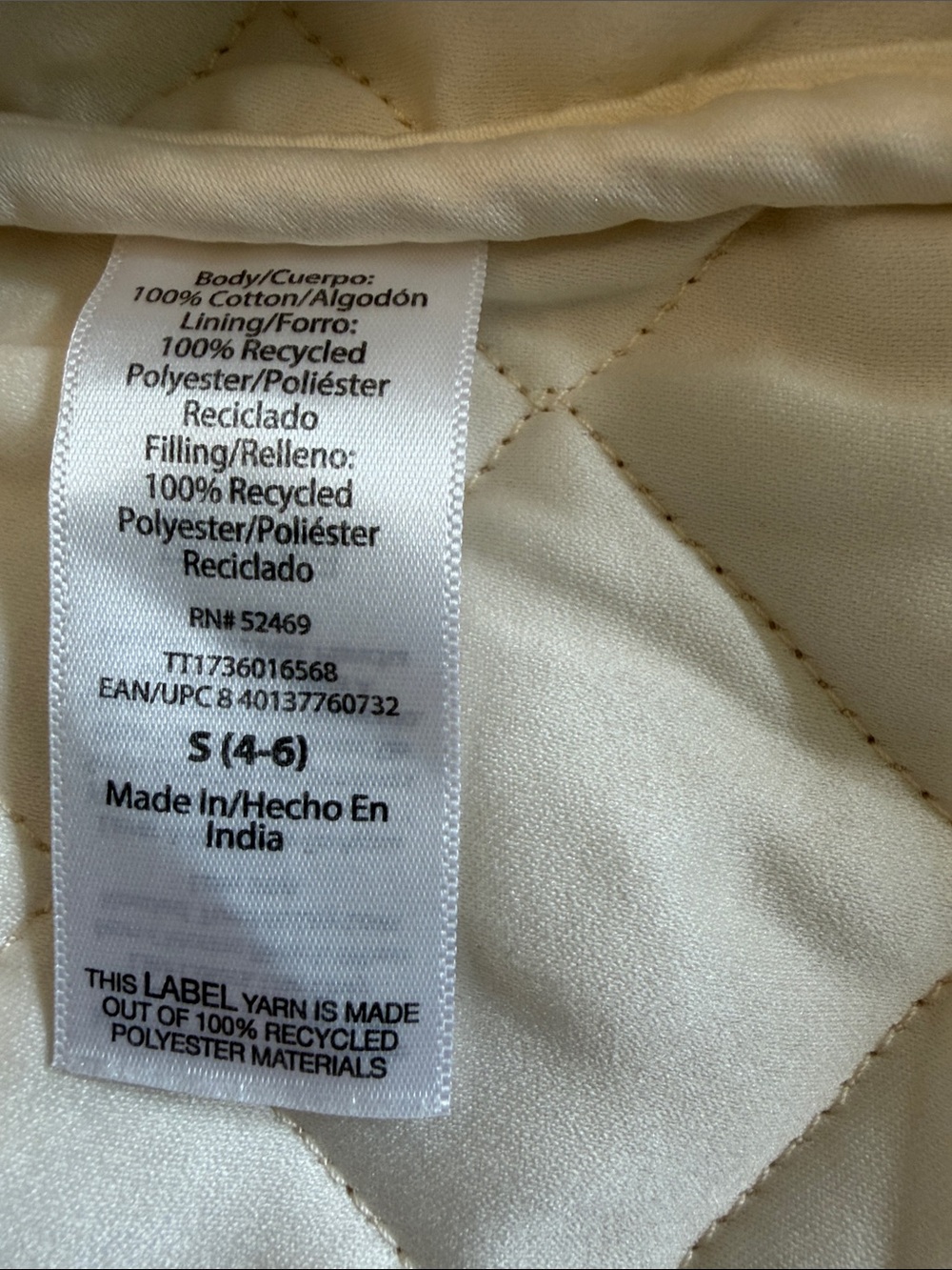 NWOT Time and Tru Cream Quilted Cotton Jacket with Button Front - Picture 5 of 6